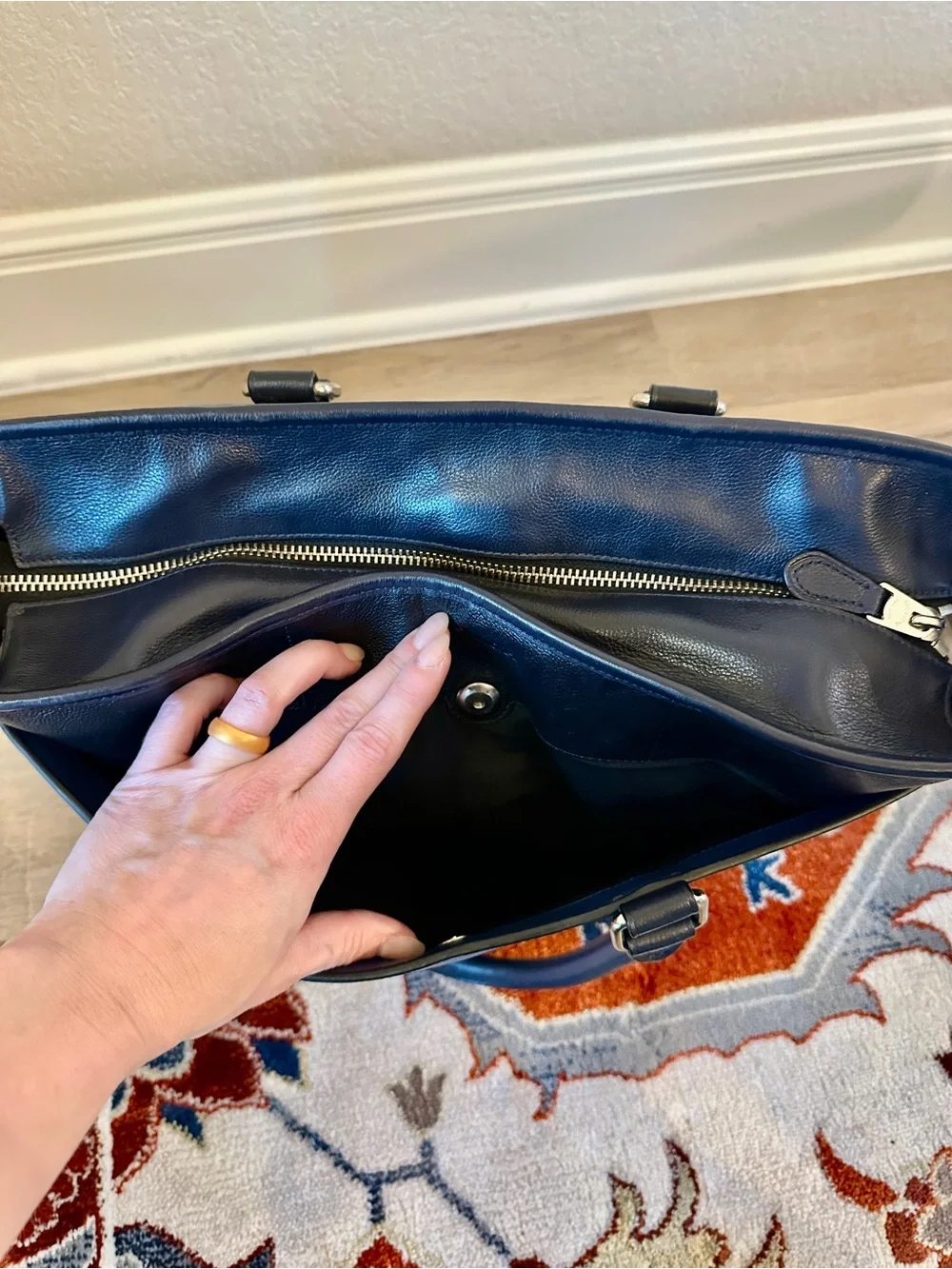 Coach Vintage Blue Navy Color Block Leather Perry Business Tote with Black Trim - Picture 6 of 16